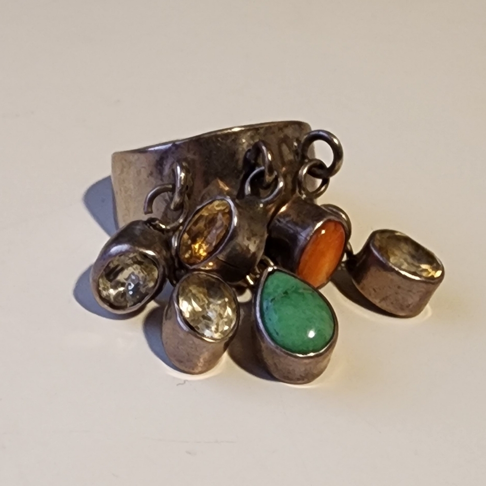 Vintage Sterling Silver Ring with Semi Precious Stone Dangling Charms
